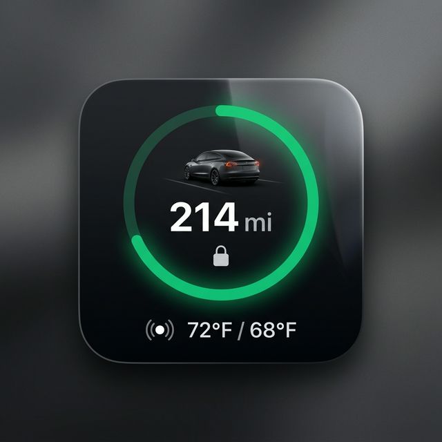 Pulse EV widget showing Tesla battery at 214 miles with lock status and temperature
